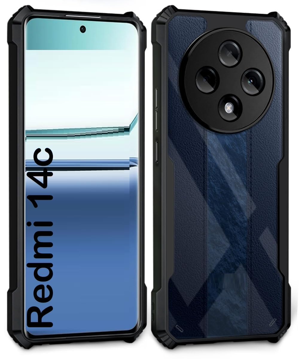 Muzz Xiaomi Redmi 14C Clear Hard PC Back Cover Case with Shockproof Premium TPU Blue Border 360 Degree Impact Resistant Camera lens Protection Transparent Cover For Redmi 14C 2024