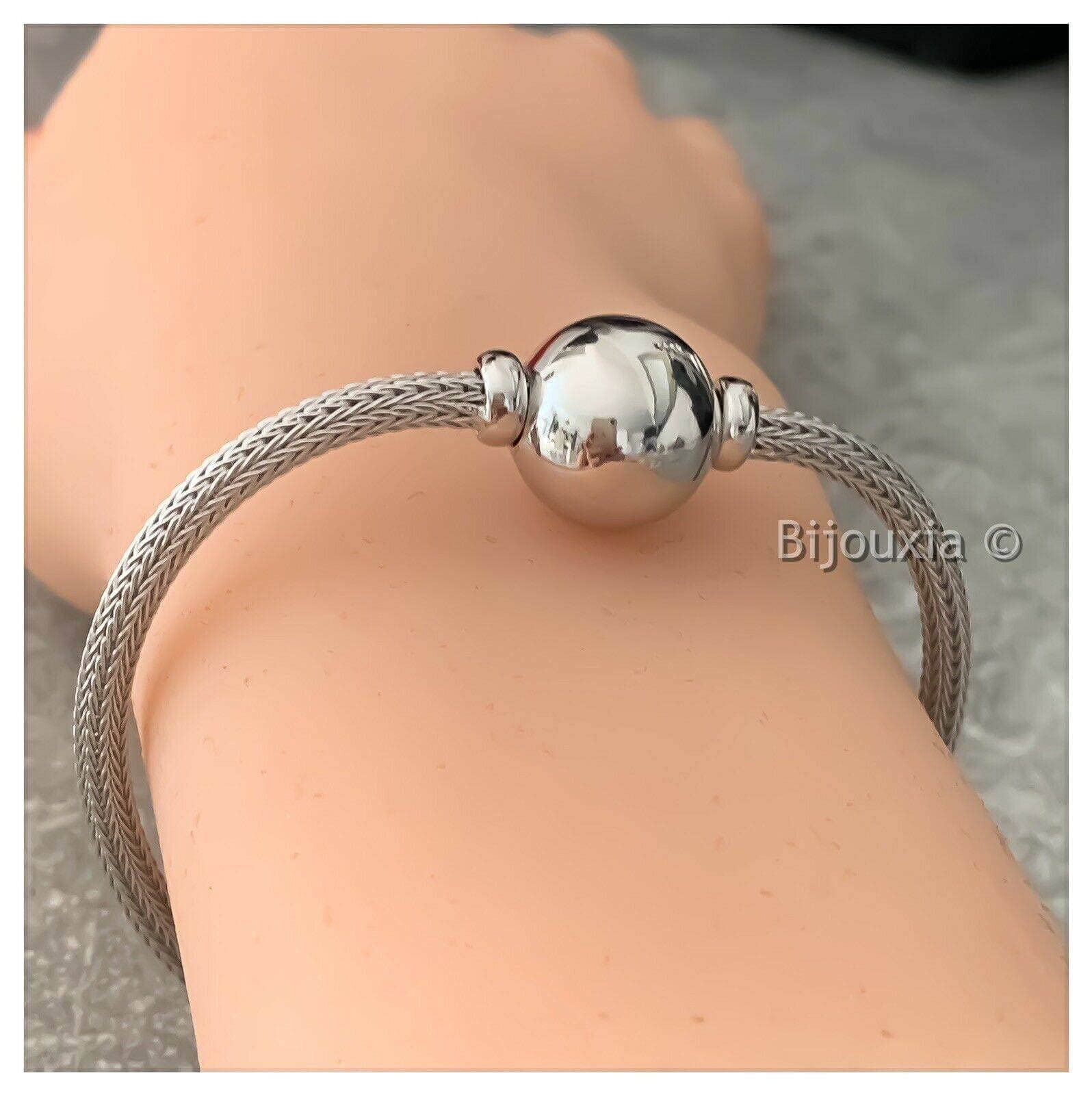 Bracciale a maglia palma con sfera in argento 925 rodiato - CPL, Taglia unica, Argento sterling Metallo Argento