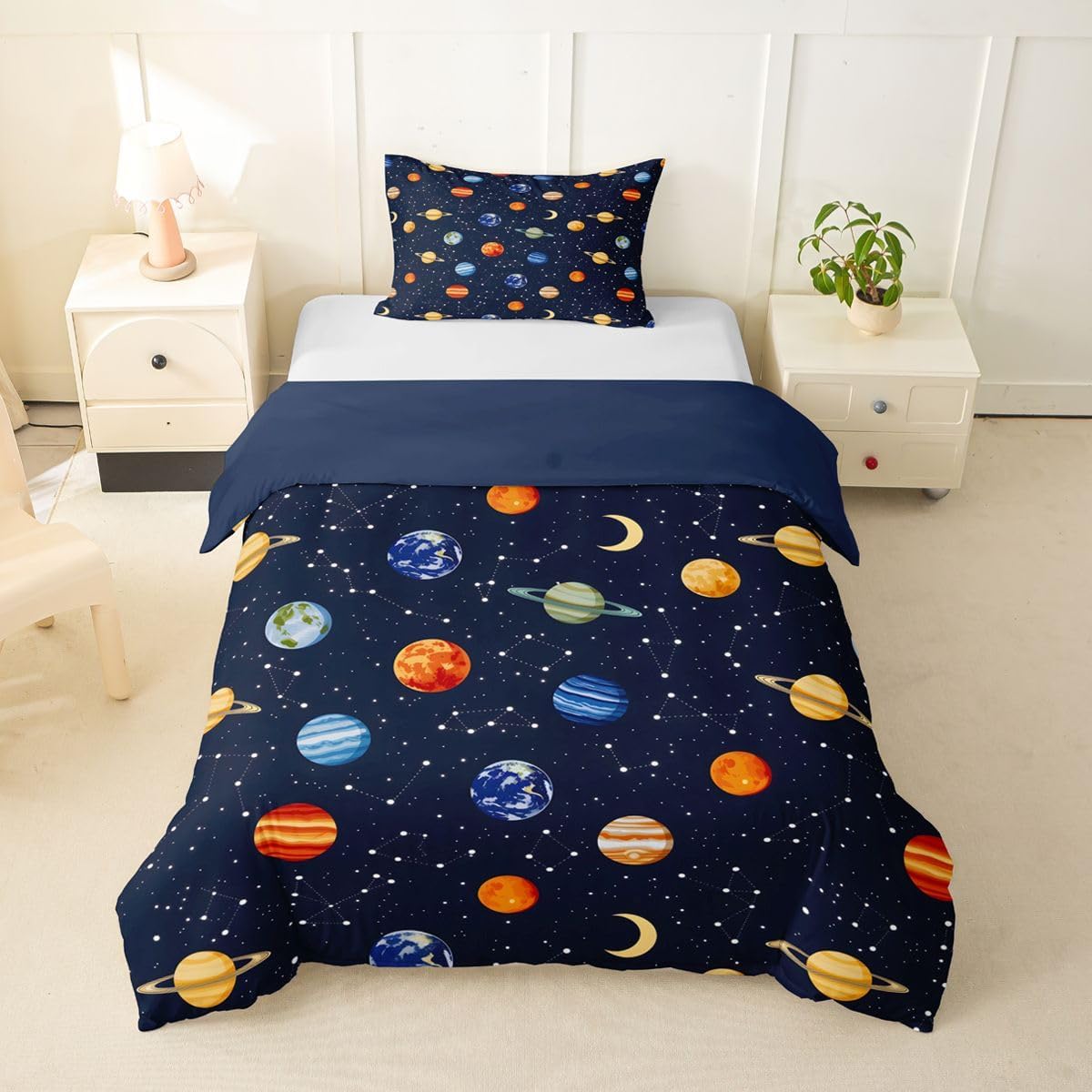 Castle Fairy Cartoon Planets Duvet Cover Set Toddler Cool Galaxy Bedding Set with 1 Pillowcase Outer Space Comforter Cover Kids Boys Bedroom Decor No Comforter Navy Blue