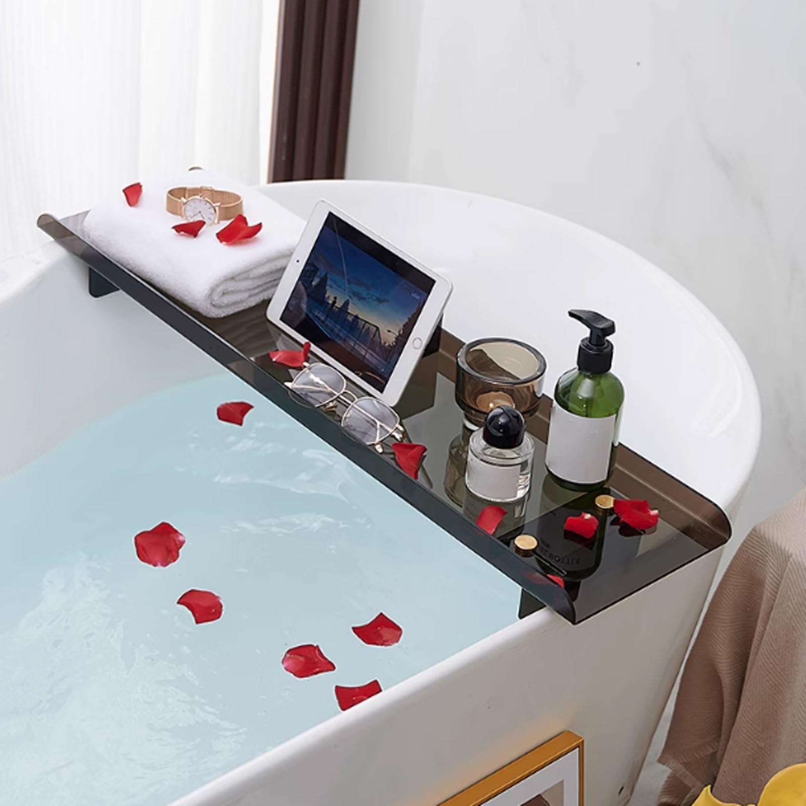 JKJZSALJ Extendable Acrylic Bath Tray Rack - Over Bathtub For Tablet Phone Wine Glass & Candles - Ideal For Relaxation & Spa Experience,Black B-75cm