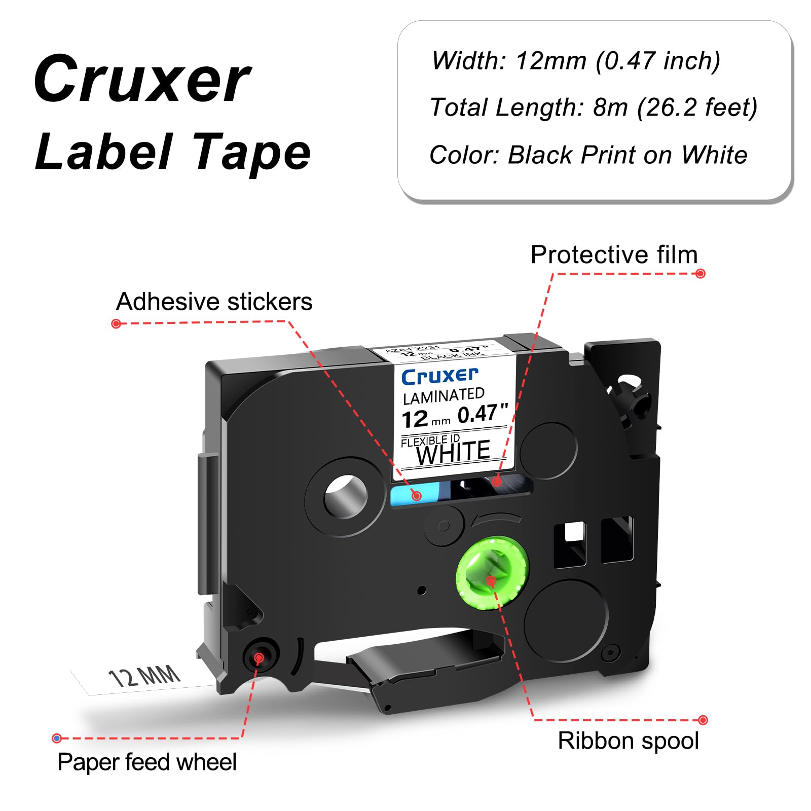 Cruxer 30er-Packung Kompatibel für Brother P-touch TZe-FX231 Flexible ID Ausweis Laminierte Bänder，Schwarz auf Weiß 0,47'' 12mm x 8m Schriftband Ersatz für Brother PT-H110 PT-D410 PT-E110VP