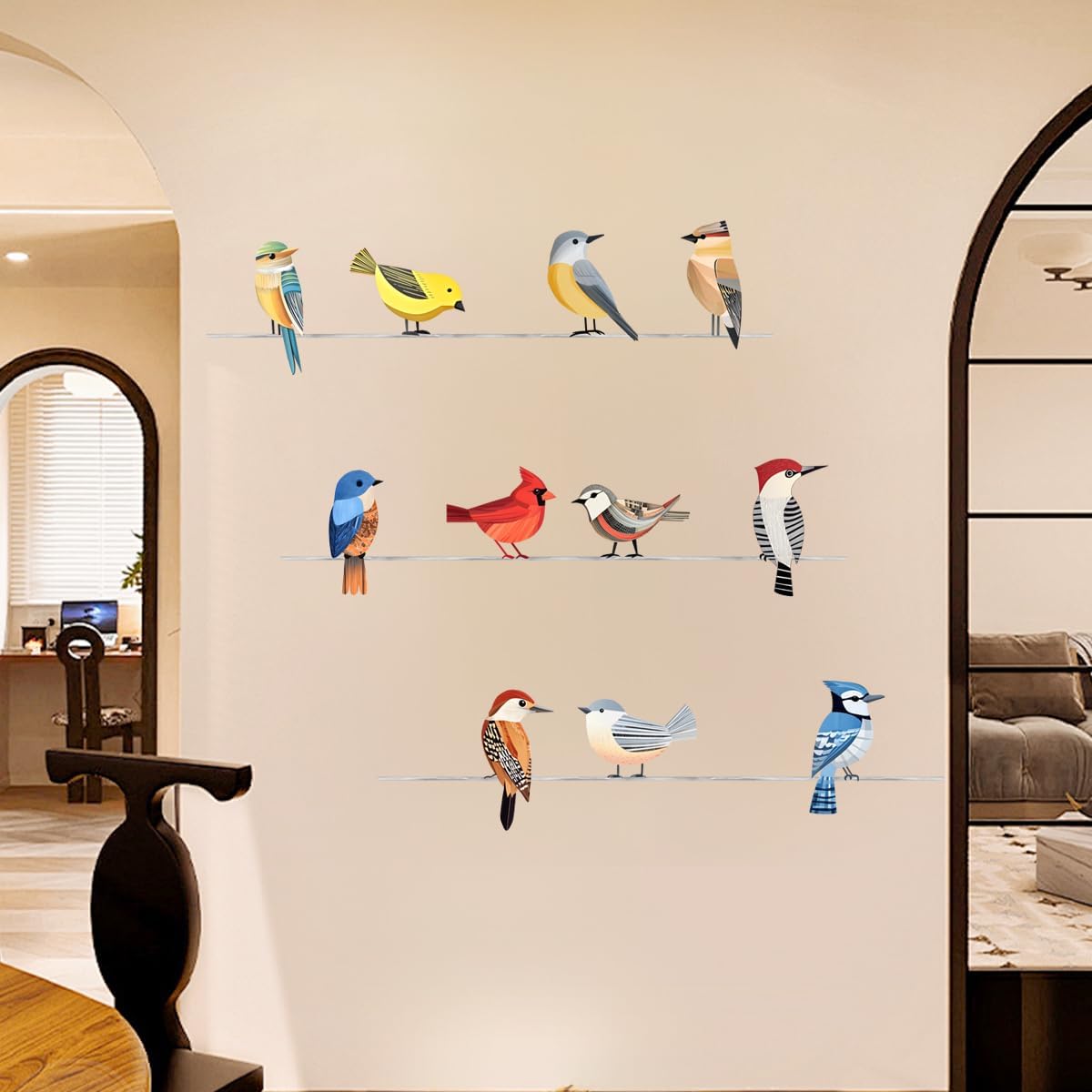Watercolor Birds Wall Decal，Little Bird Wall Art Decals Stickers，Birds on Wire DIY Murals Wallpaper Decor，Kids Peel and Stick Removable Nursery Bedroom Living Art décor，Vinyl Home Decoration
