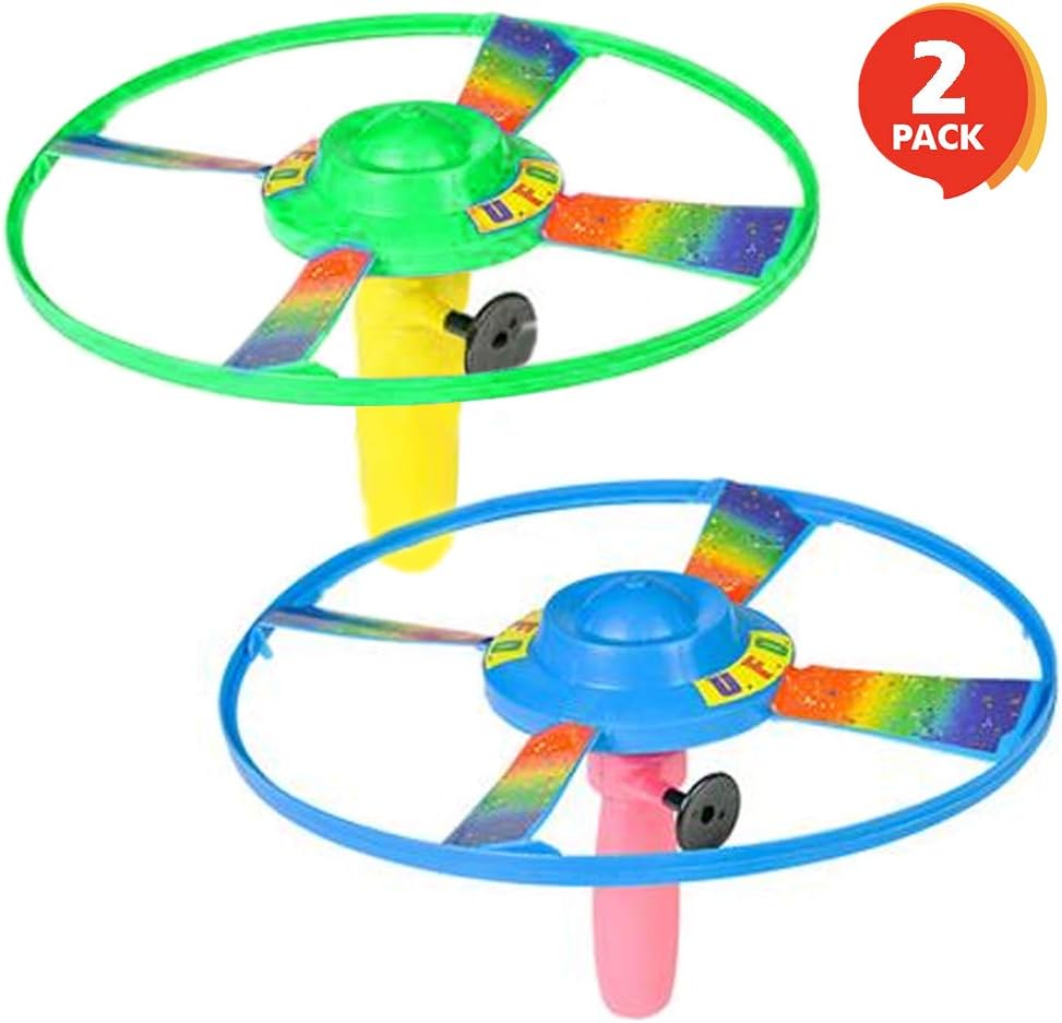 ArtCreativity Pull Cord UFO Flying Saucers - Set of 2-10 Inch Space Ship Toys - Fly Over 65 Feet - Birthday Party Favors, Gift Idea for Boys and Girls, Carnival and Contest Prize - Colors May Vary
