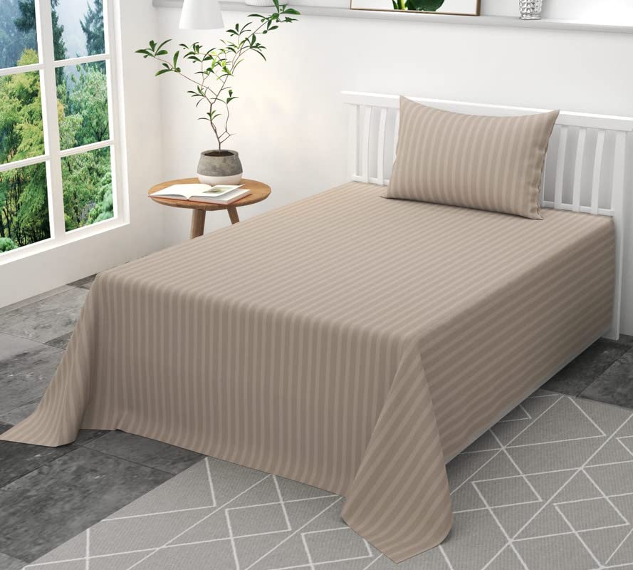 Image of 300 TC Glace Cotton Plain Stripe Queen Size Single Bedsheet with 1 Pillow Cover for Home, Hotel, Guest Room (60 X 90) Inch Beige Pack 1