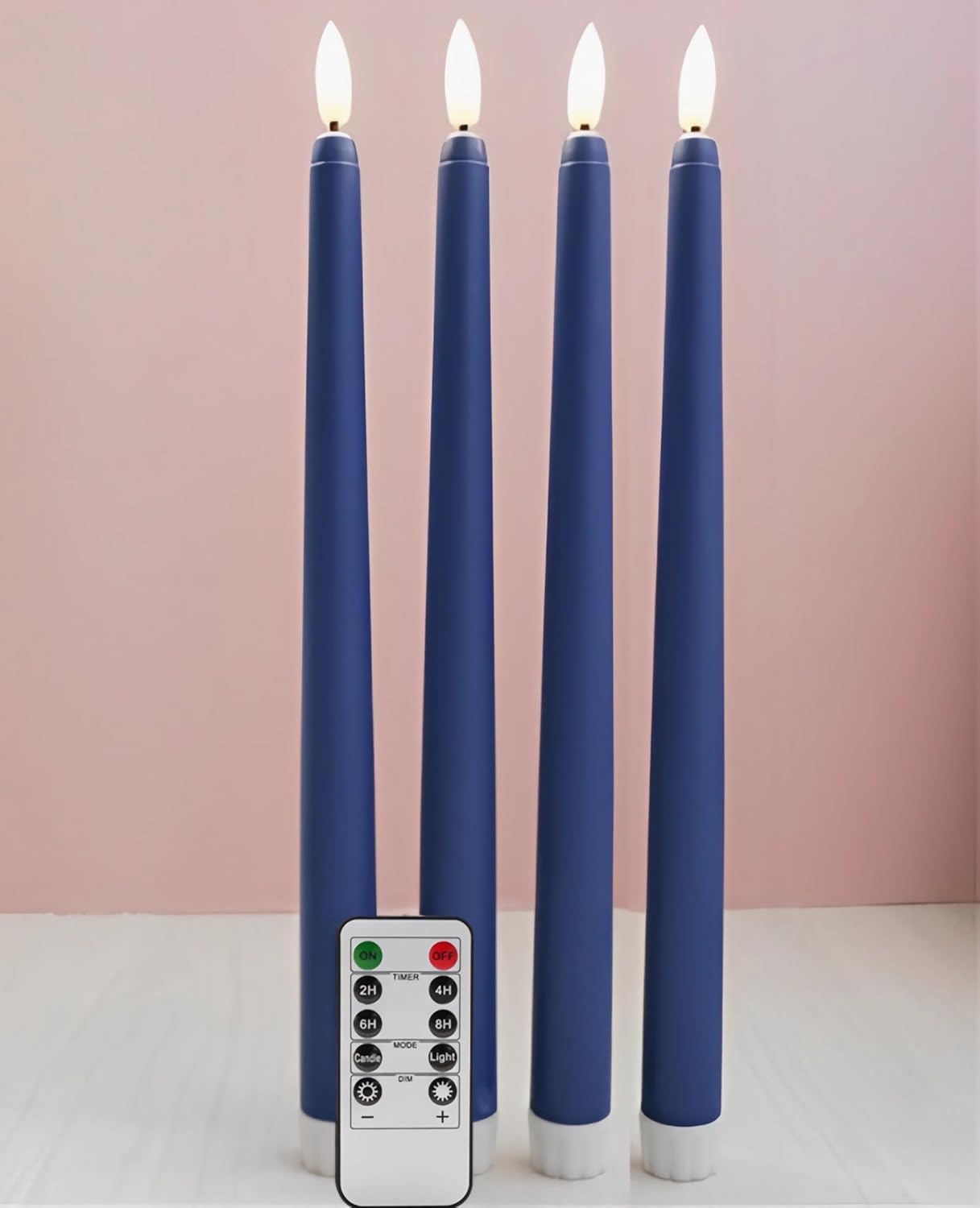 Navy Blue Flameless Taper Candles with Remote, Flickering Battery Powered LED Candlesticks Set of 4