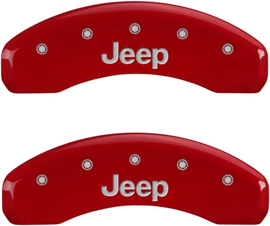 MGP Caliper Covers 42014SJEPRD Red Powder Coat Finish Front and Rear Caliper Cover, Set of 4 (JEEP Silver Characters, Engraved)