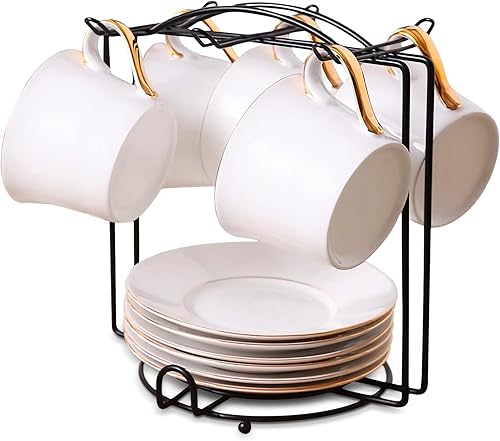 Soporte para tazas de café, soporte de metal para tazas de té, organizador para taza de café, cuchara y platillos (negro)