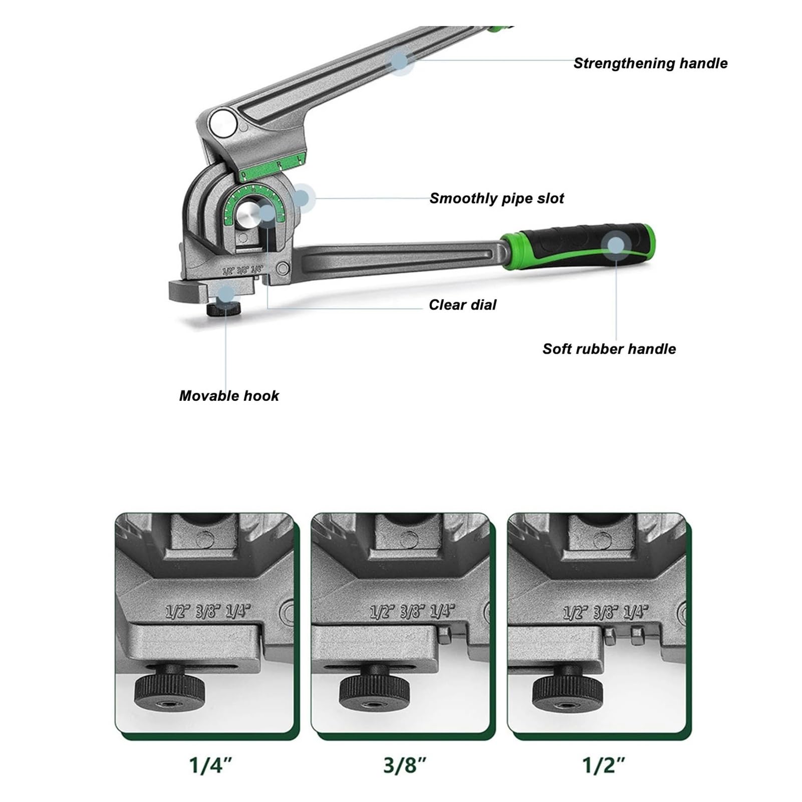 Piegatubi, Piegatubi 3 in 1 1/4" 3/8" 1/2", utensile in lega di alluminio da 180 gradi con impugnatura in gomma