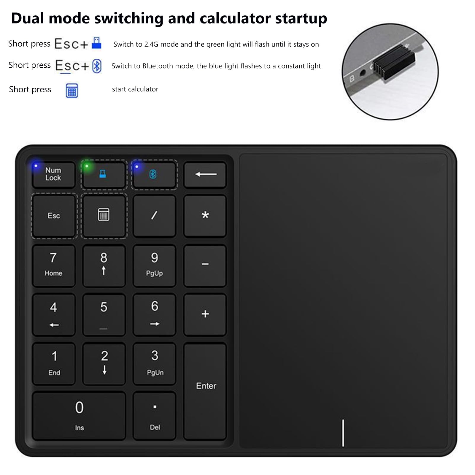 Kabelloser Nummernblock mit Touchpad, Bluetooth-Nummernblock für Laptop, 22 Tasten Wireless BT Dual Mode Numeric Keypad, 2.4G 2 in 1 Portable Financial Accounting Number Keyboard (Grau)