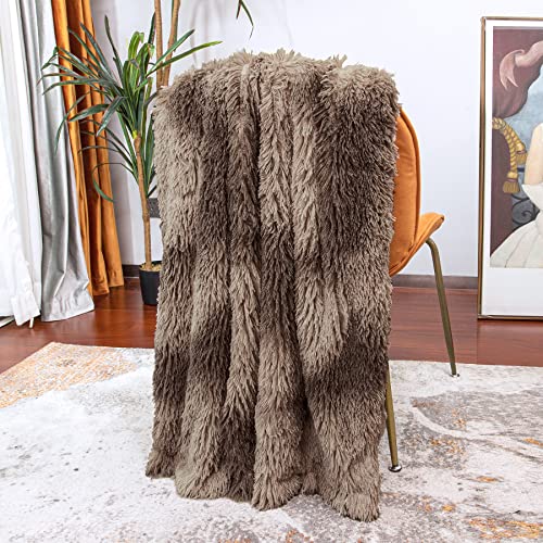 Image of Tuddrom Decorative Extra Soft Faux Fur Throw Blanket,Solid Reversible Fuzzy Lightweight Long Hair Shaggy Blanket,Fluffy Cozy Plush Fleece Comfy Microfiber Fur Blanket for Couch Sofa Bed,Tie Dye Brown