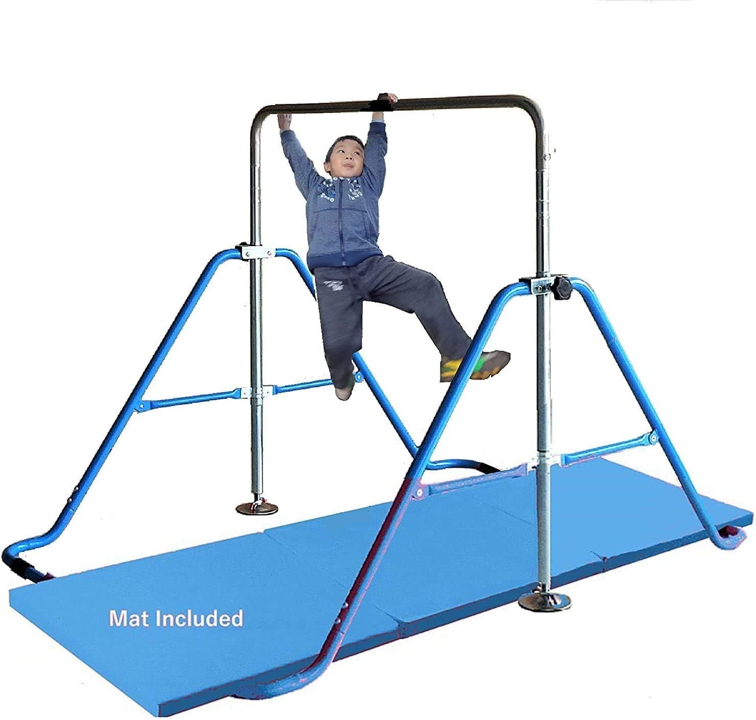 Gymnastics Bar for Kids with 2'x6' Tumble Mat | Expandable Height Athletic Horizontal Kip Bar Gymnasts Junior Training | Children Jungle Gym Monkey Bars Home Exercise Training Gymnastic Bars (Blue)
