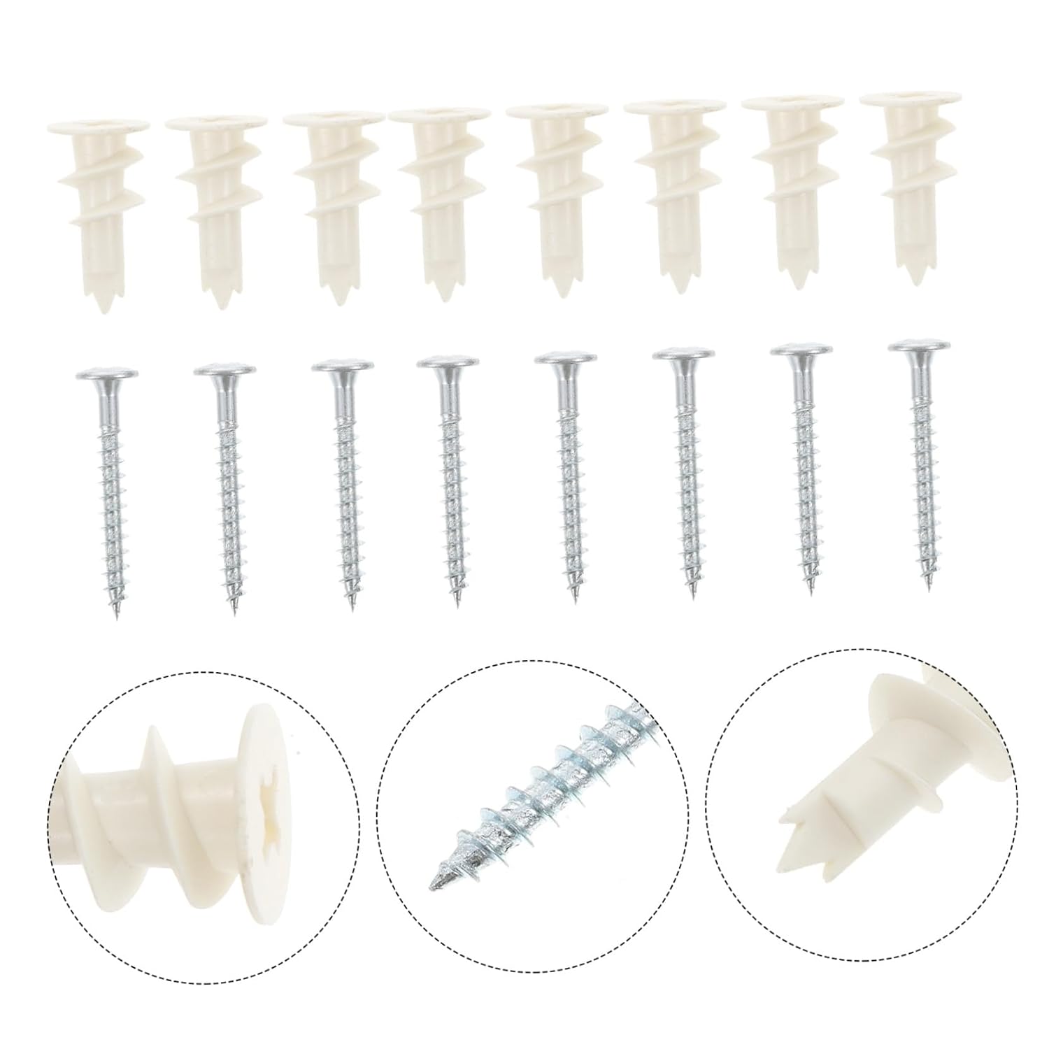 Plastic Expansion Tube for Plasterboard, 20 Sets with Screws White