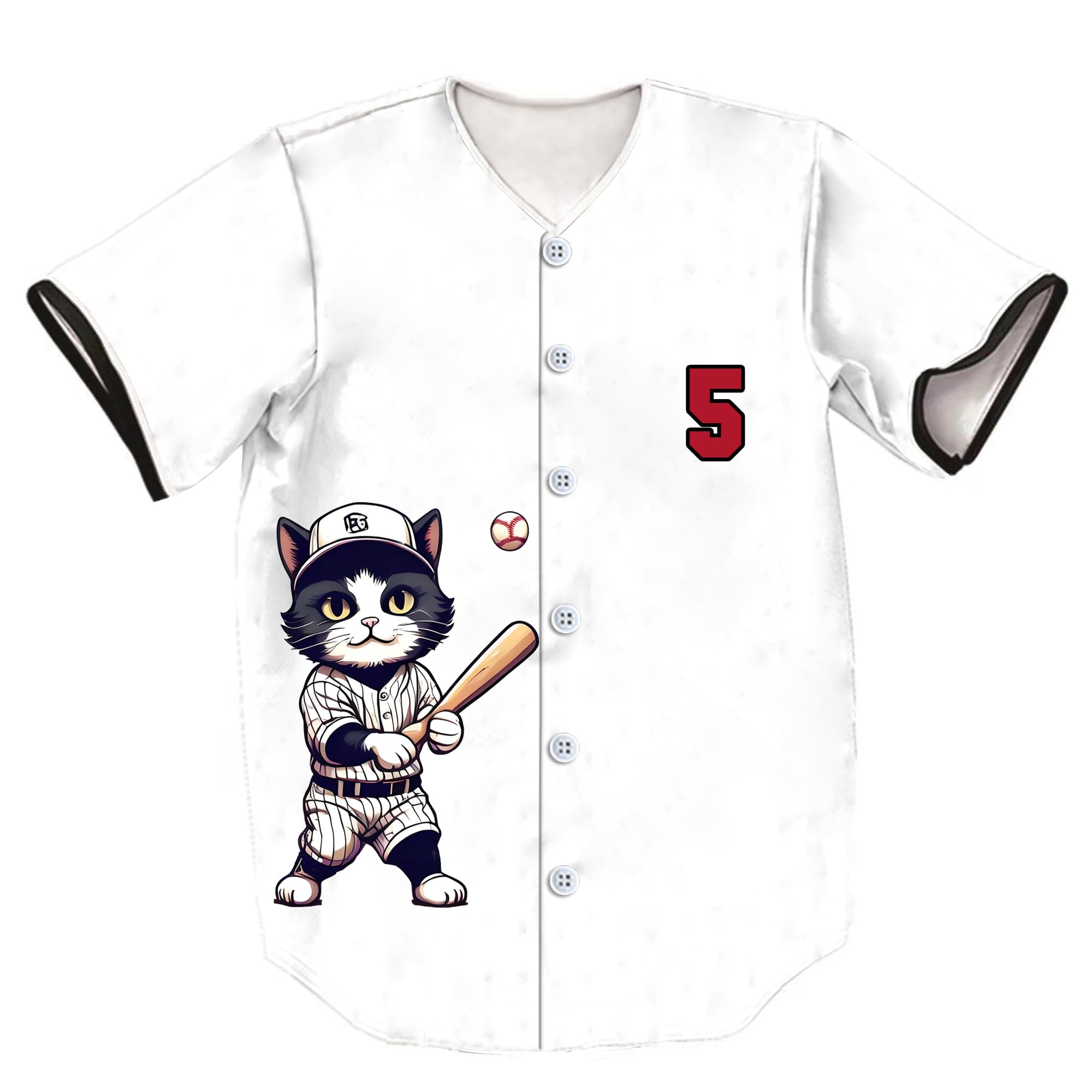 ZIBRAL Unisex Retro Cute Baseball-Cat 5 Baseball Jersey Short Sleeve Baseball Cardigan ZJ010-White-L