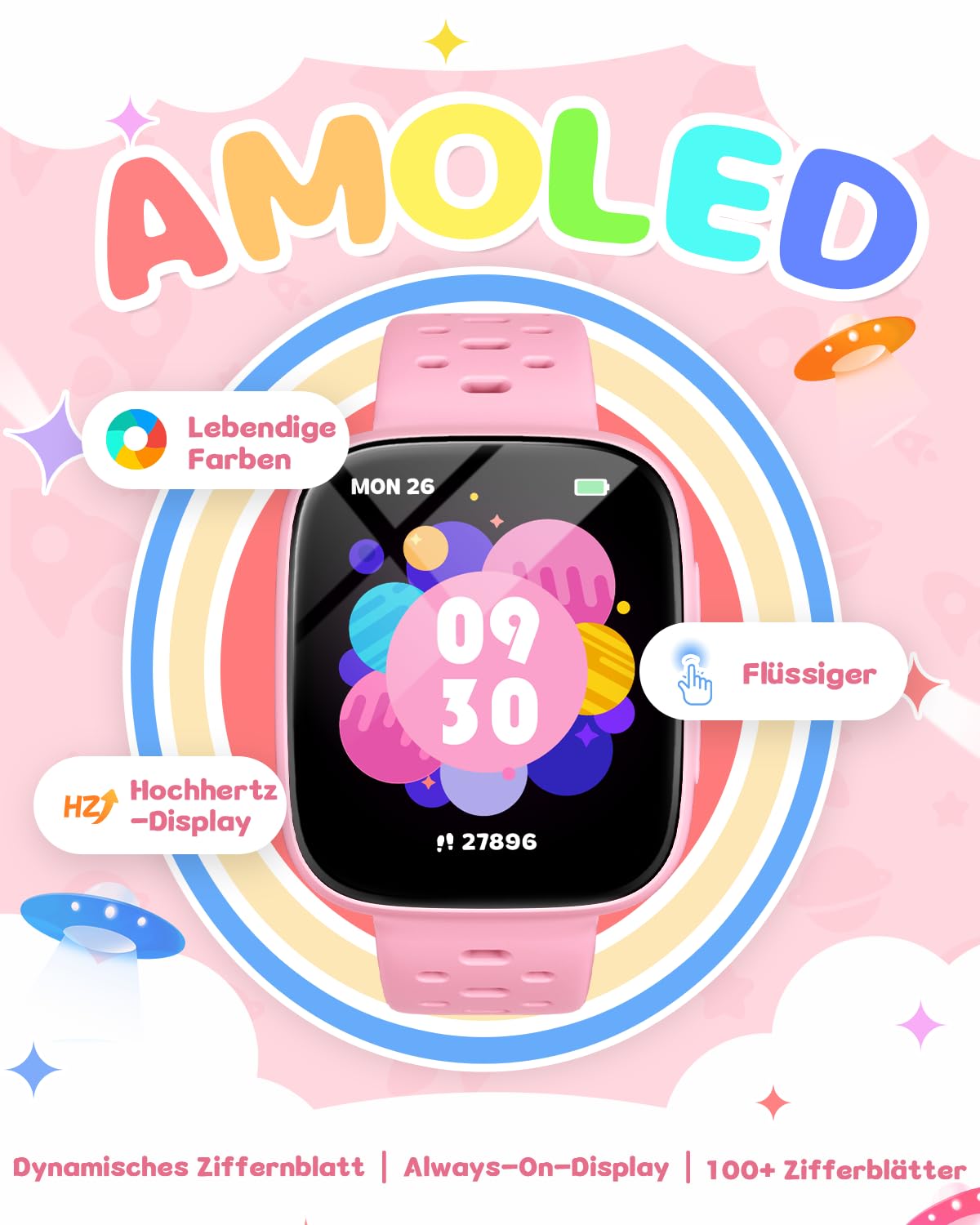 Smartwatch Kinder Ohne Handy/App nutzbar, 1,83" AMOLED Display Fitnessuhr mit IP68 wasserdicht, Schrittzähler, Herzfrequenz/Schlafmonitor, Wecker, Fitness Tracker für Mädchen 5-12