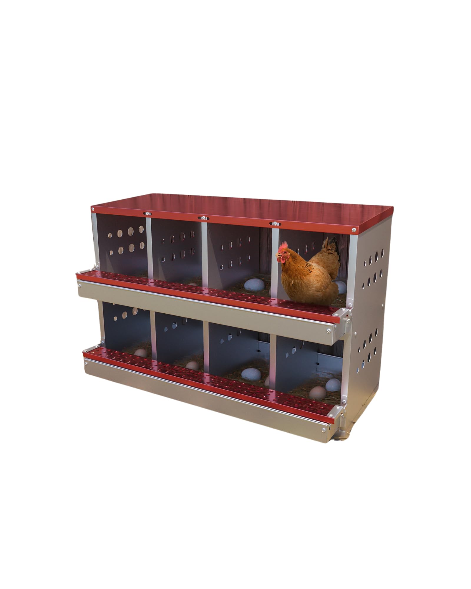 Ponedero para Gallinas de 8 Compartimentos, Nidal en Acero INOX de 2 Niveles, Ponedero Mural Enrollable Fácil de Limpiar, Nidal Resistente para Cría de Aves de Corral y Gallinas, Rojo
