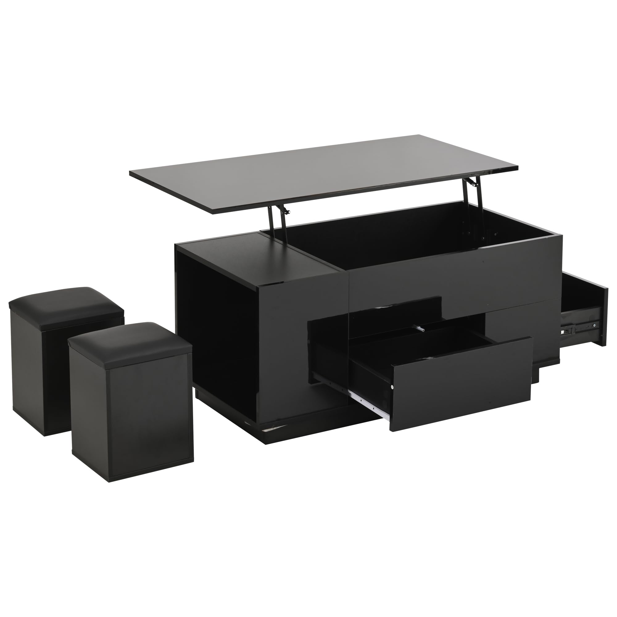 Kebnor Mesa de centro 4 en 1, mesa de sofá ajustable con LED, mesa de café con 2 cajones, mesa brillante con sofá y 2 taburetes, mesa auxiliar con espacio de almacenamiento oculto, capacidad de carga
