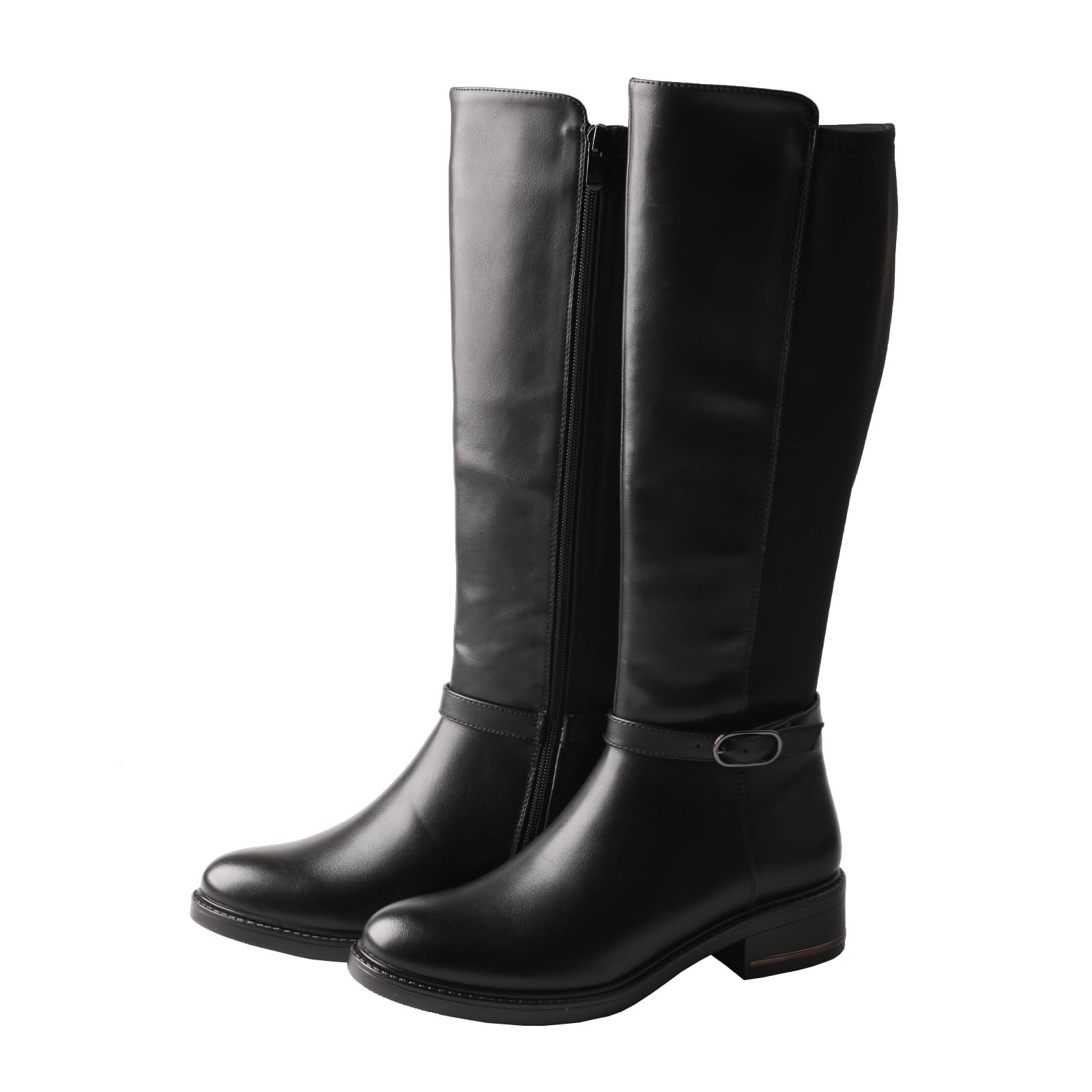 TMA EYES Damen schwarze kniehohe Leder Reitstiefel mit seitlichem Reißverschluss und niedrigem Absatz
