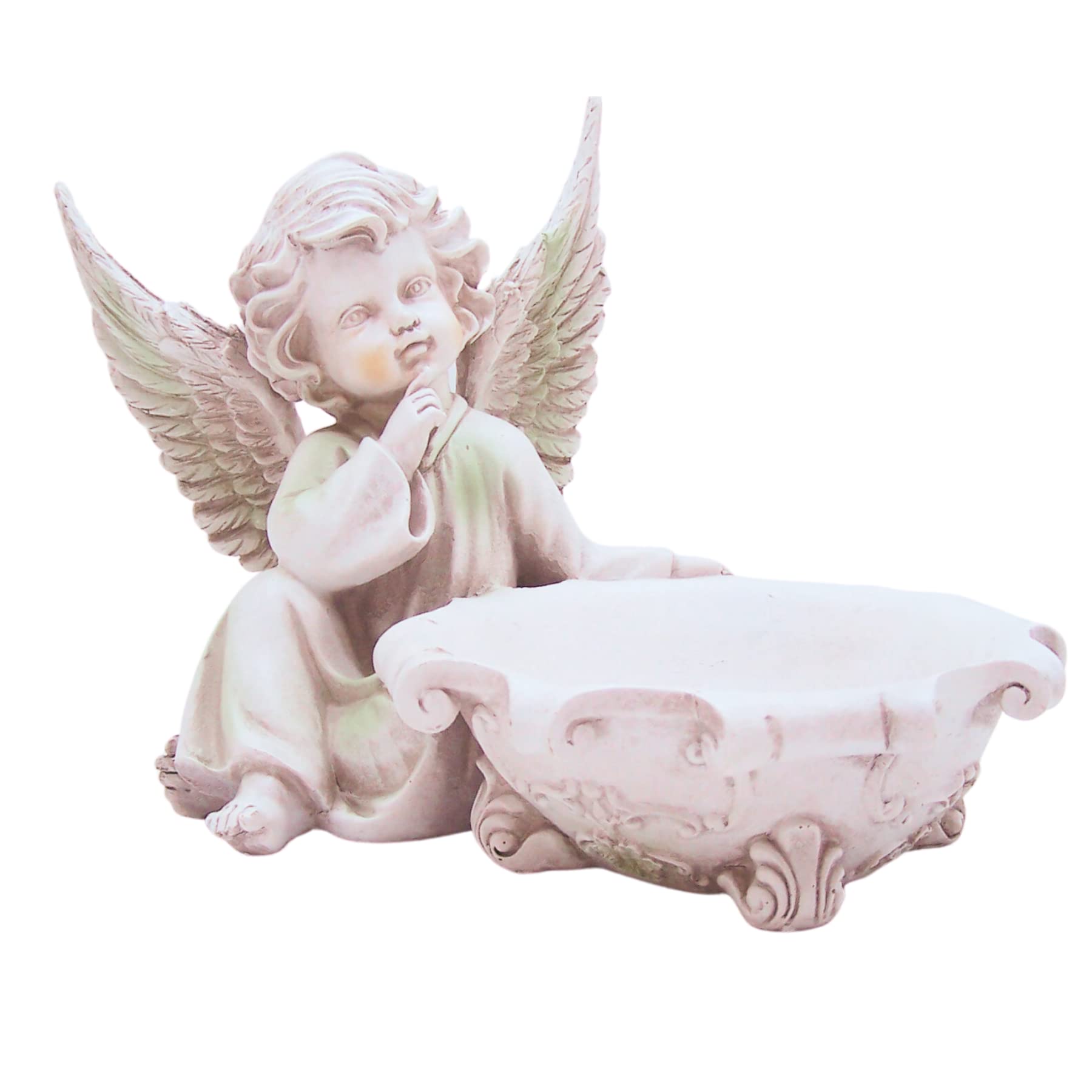 Thoughtful Cherub Bird Water Feeder, Religious Outdoor Decor, Inspirational Garden Decoration, 8 Inches