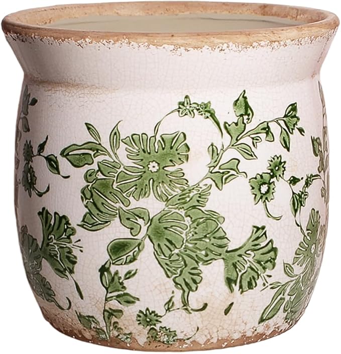 Vintage Farmhouse Ceramic Planter & Kitchen Utensil Holder - 6.21 Inch Tuscan Rustic Plant Pot with Drainage for Indoor/Outdoor Use, Garden & Home Decor, Unique Gift (Green Leaf)