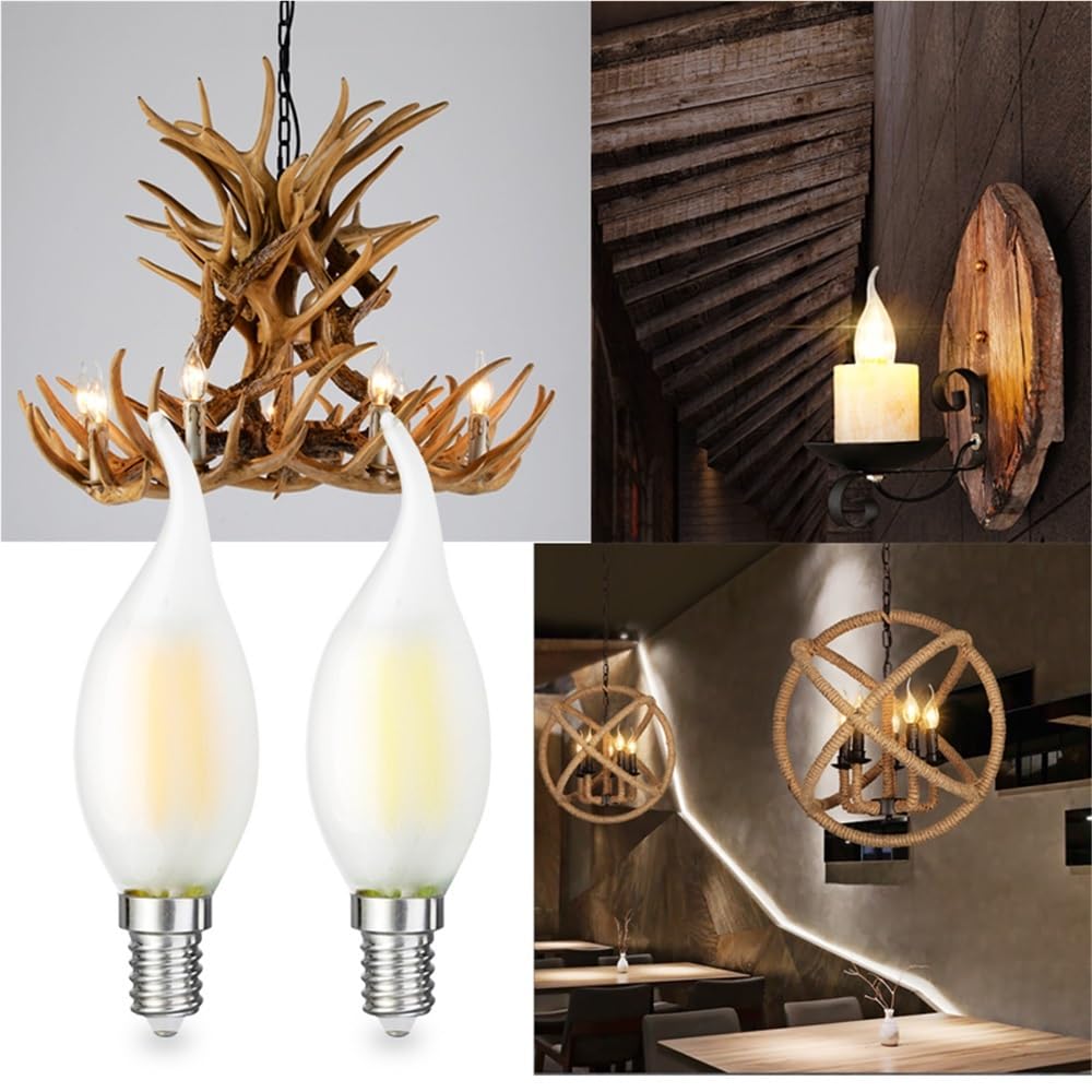 1fortunate lights, Paquete de 10 bombillas de filamento de cola de vela Retro AC220V E14 2W/4W/6W lámpara LED de decoración esmerilada regulable lámpara de araña(Cold White,6W)