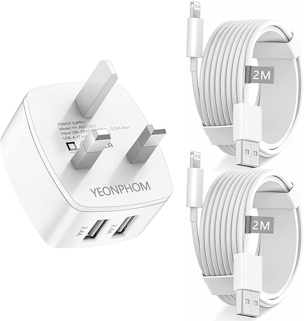 Apple MFi CertifiediPhone Charger Plug and Cable, YEONPHOM 2.4A Dual USB Wall Adapter UK iPad with 2x 2M Lightning Cable for Apple iPhone 13/12/11/XS Max/X/XR/8/7 Plus/6S/6/5/SE