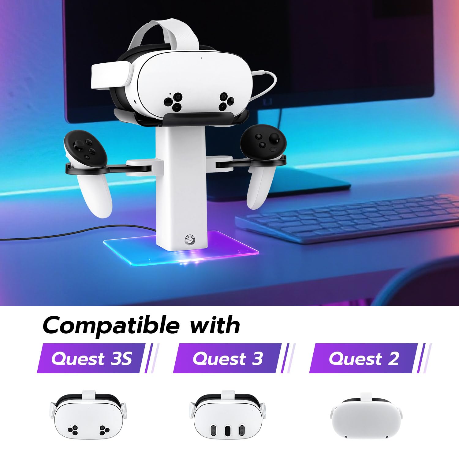 Mcbazel Ladestation für Quest 3S/Quest3/2, 15W USB-C VR-Headset-Ladestation mit RGB-Beleuchtung und Rutschfestem Vertikalständer, Minimalistische VR-Displayhalterung – Weiß