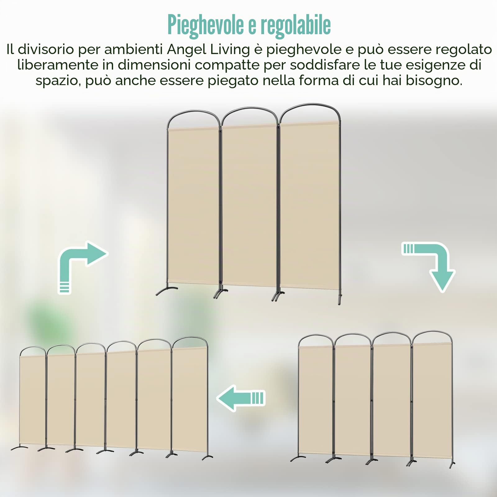 Angel Living Paraventi Divisorio 3 Pannelli con Soffitto e Base Curvo, Decorazione Elegante, Divisorio Pieghevole (168.5 x 185 cm, Beige)