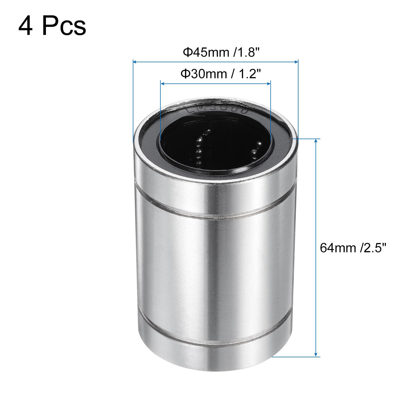 uxcell Lot de 4 roulements linéaires LM30UU - 30 mm - Diamètre extérieur : 45 mm - Longueur : 62 mm - Surface plaquée nickel - Double face - En caoutchouc scellé - Pour imprimante 3D CNC
