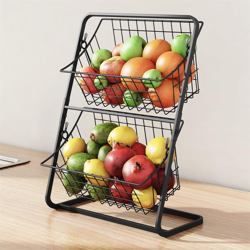 Canasta de frutas y verduras de metal de 2 niveles, organizador de encimera de cocina con gran apertura para exhibición de aperitivos de despensa, blanco, 14.5 x 11 x 6 pulgadas