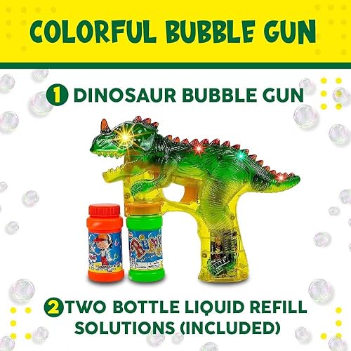 Miniatura 6 de Toysery Pistola disparadora de burbujas con forma de dinosaurio Pistola disparadora de burbujas con luces LED parpadeantes y sonidos Dinosaurio de