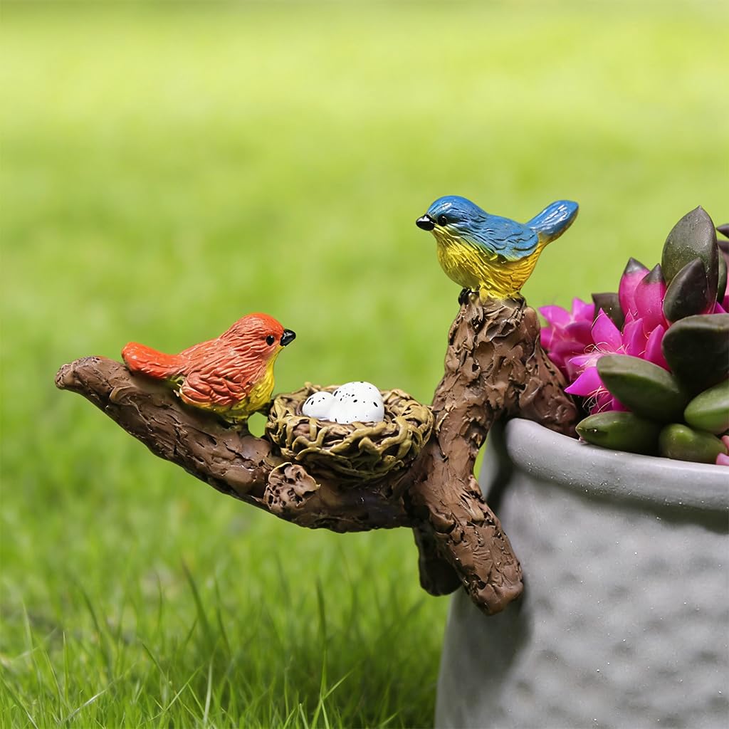 HASTHIP® Resin Bird Nest Planter Rim Ornament for Garden Decor, Colorful Birds on Branch Pot Hanger Figurine, Miniature Nature Scene Flower Pot Edge Decoration for Indoor Outdoor Plants-image-28