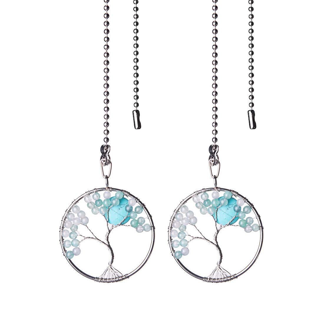 LONGSHENG Blue Glass Beads Tree of Life Fan Pull Chain Fan Light Replacement Extender Pull Chain, Pack of 2