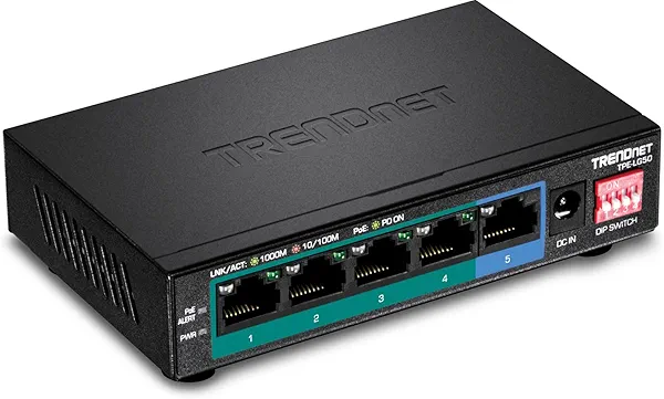 TRENDnet 5-Port Gigabit Long Range PoE+ Switch, 4 x Gigabit PoE+ Ports, 1 x Gigabit Port, 10Gbps Switching Capacity , Lifetime Protection, Black, TPE-LG50
