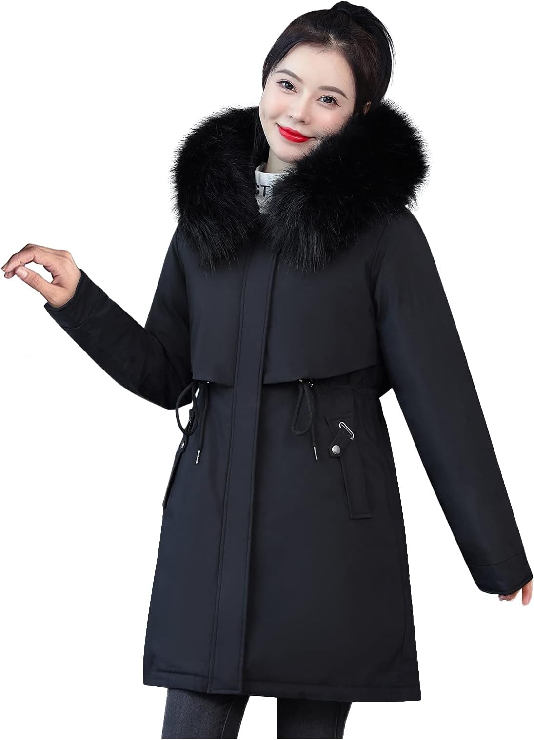 Gkojhj Women's Coats Zip Outwear with Hood Trench Coat Fur Lined Outdoor Jacket for Hiking Cycling Drawstring Transition Jacket Hoodie Pockets Parka Thick Warm, black, M