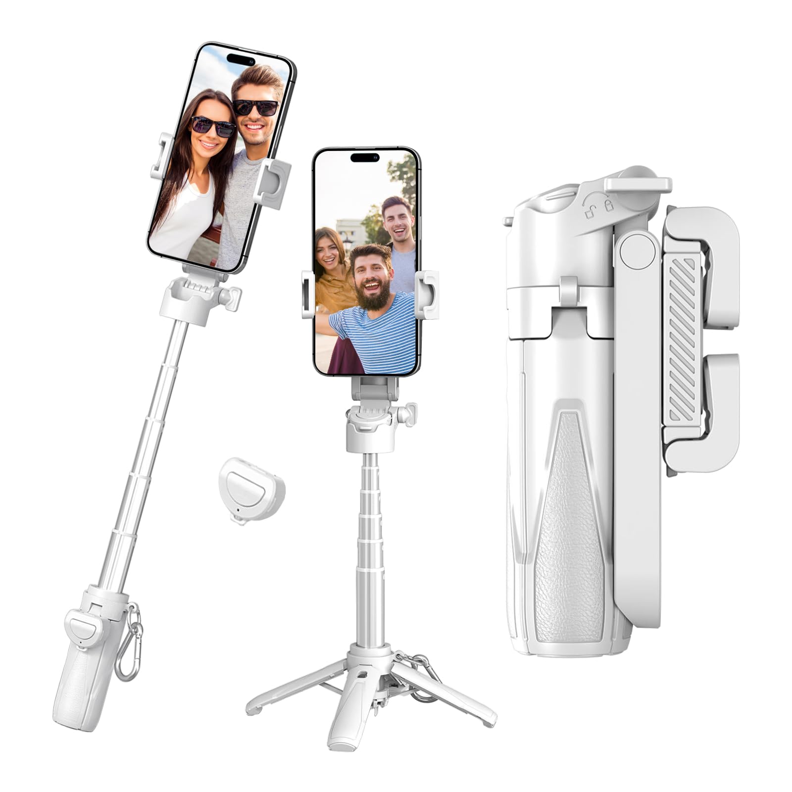 Selfie Stick Tripod, Pocket Mini Travel Tripod 360° Adjustable, with Remote Capture Photos, Extendable Cell Phone Stand, Phone Tripod Detachable, 3-in-1 Mini Phone Grip(White)