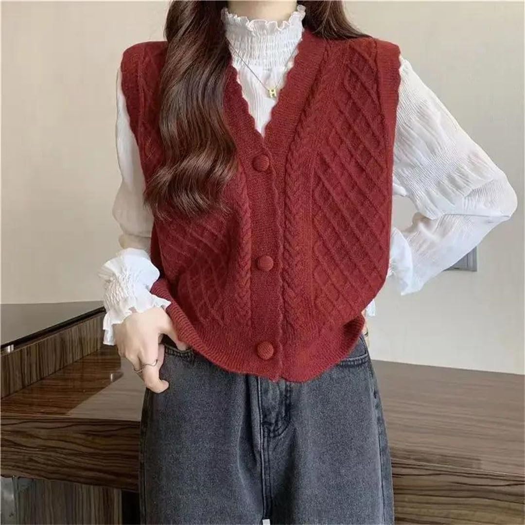 Gilet da donna con bottoni, scollo a V, elegante, lavorato a maglia