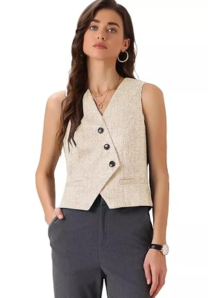 Womens Herringbone Tweed Vest Vintage Slim Fit V-Neck Waistcoat