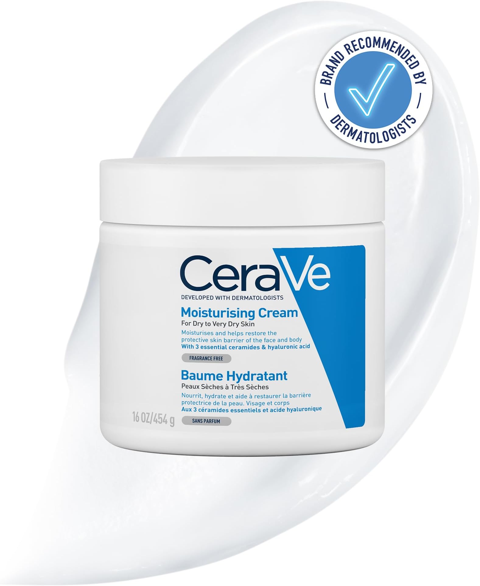 Moisturising Cream, Face & Body, with 3 Essential Ceramides & Hyaluronic Acid for Dry to Very Dry Skin, Developed with Dermatologists, Fragrance-Free, 454g/16oz
