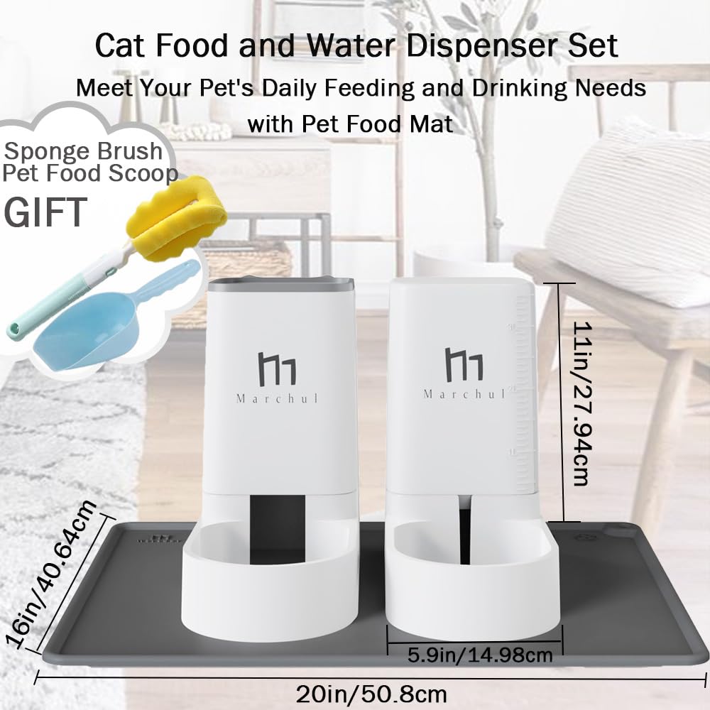 Marchul Dispenser Cibo Gatti, Cani, Alimentatore Automatico, 2 Unità, 3.8L, Dispenser di Crocchette e Acqua per Animali Domestici (alimentatore+abbeveratoio+tappetino)