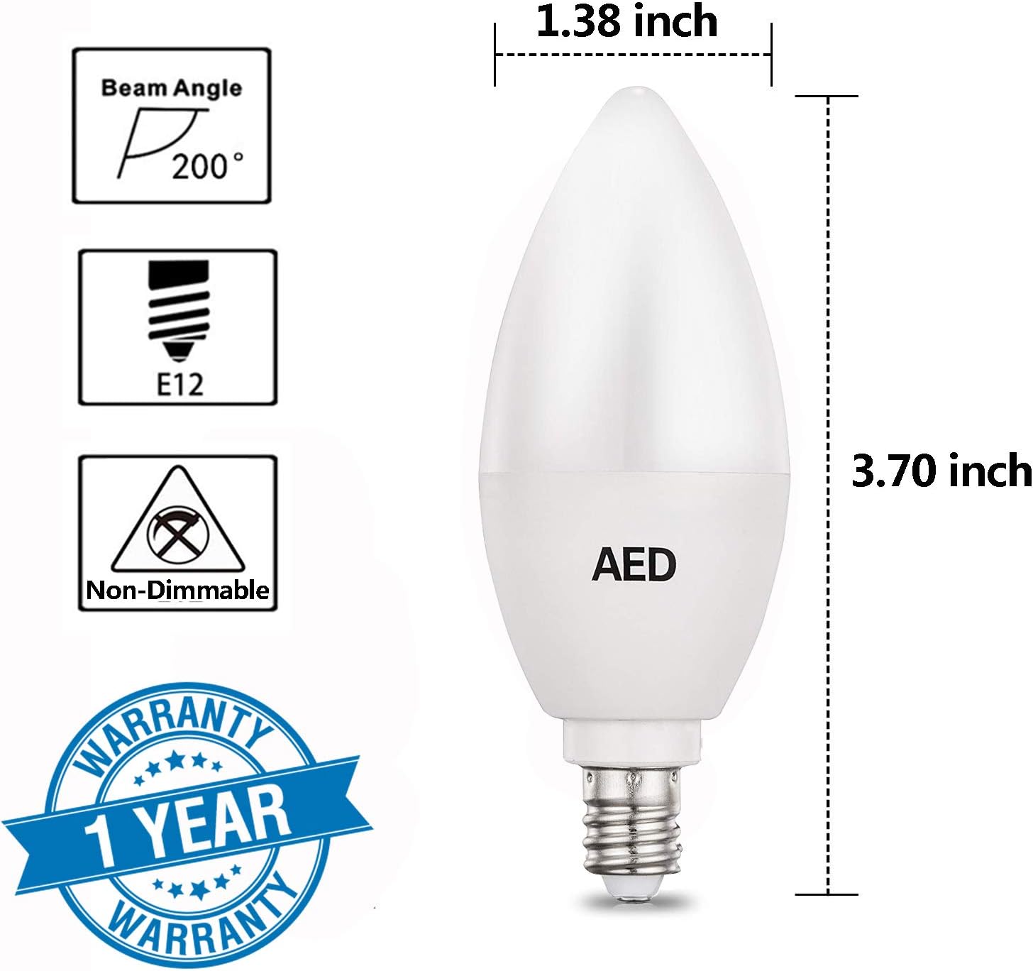 AED Candelabra LED Light Bulbs, E12 Base, 40W - 50W Equivalent, 2700K Warm White, 400 Lumens, Non-dimmable, LED Decorative Candle Light Bulbs for Chandelier and Ceiling Fan, 6Packs