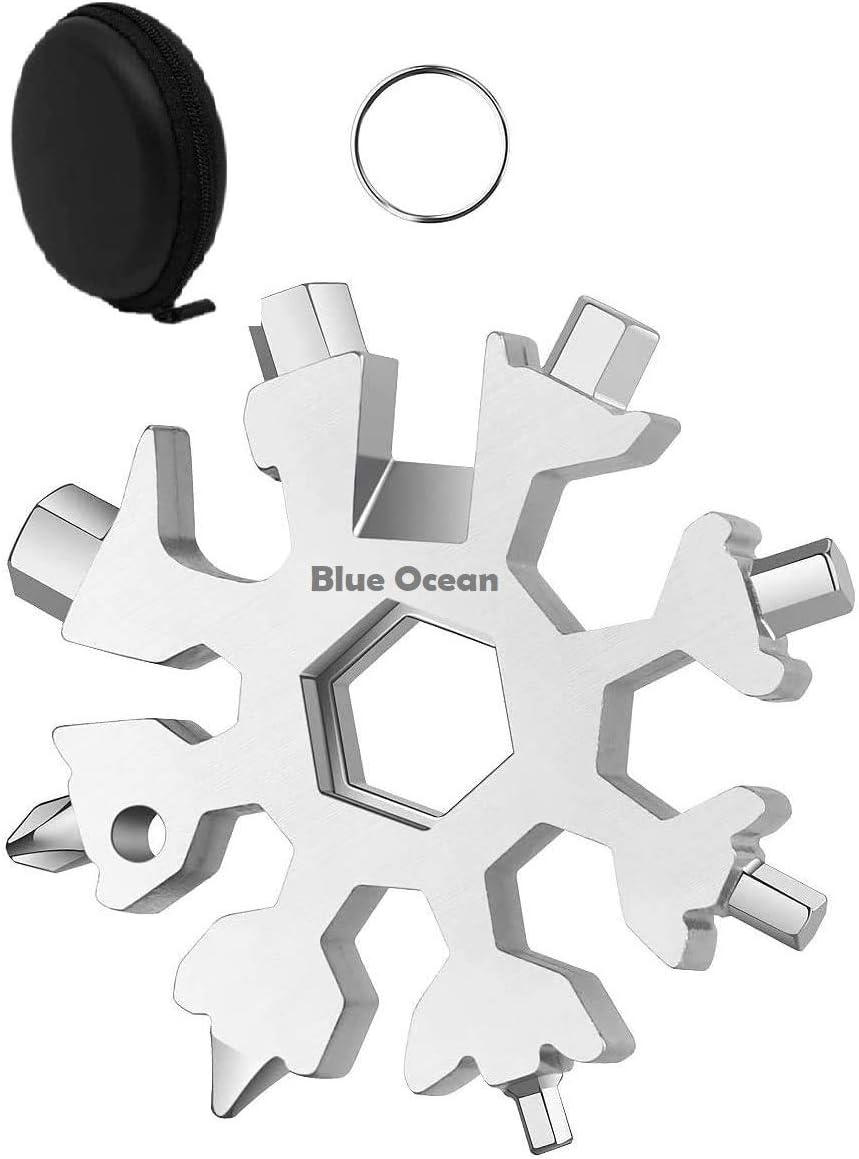 BLUE OCEAN® 18-in-1 Snowflake Multi Tool, Stainless Steel Snowflake Bottle Opener/Flat Phillips Screwdriver Kit/Wrench, Durable and Portable to Take, Great gift (Standard, Stainless Steel) (SILVER)