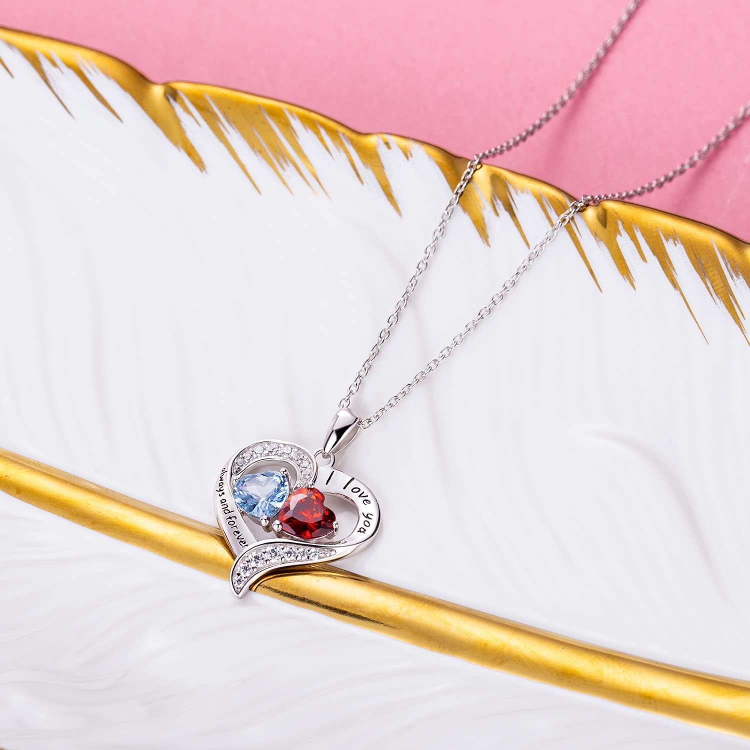 BlingGem ネックレス レディース スターリングシルバー ハートペンダントネックレス 2つのカスタマイズ誕生石付き 5A キュ