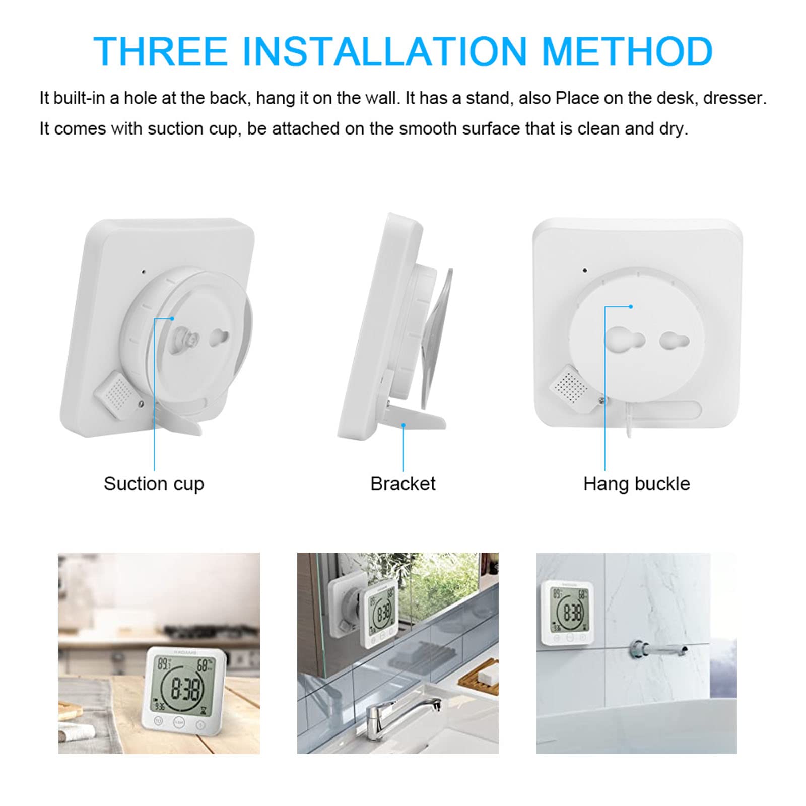 Reloj de Baño, Humedad Digital Temperatura Reloj Digital Reloj Temporizador Pantalla LCD Impermeable Control Táctil Alarma Temporizador para Baño de Cocina (Blanco)