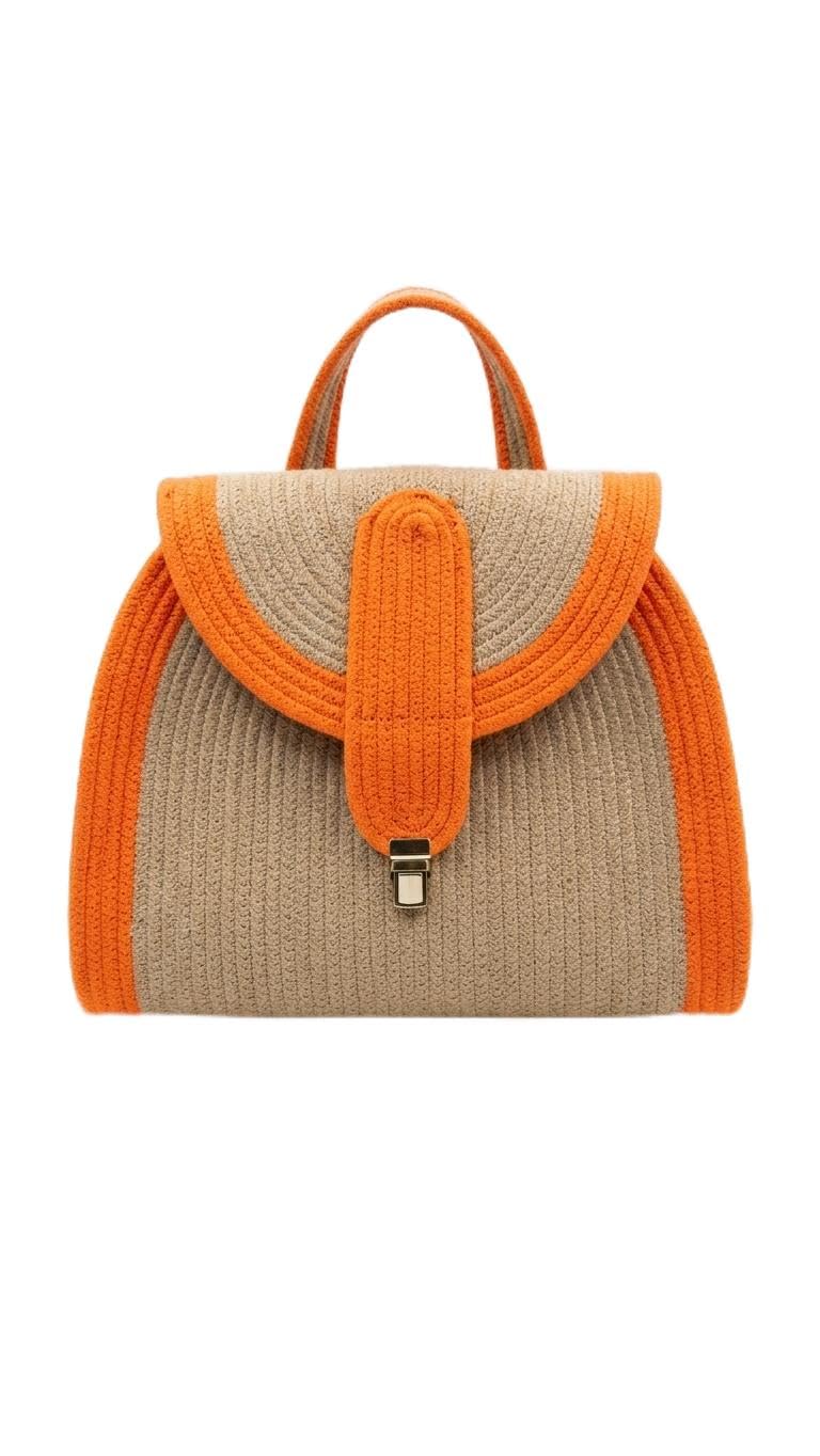 Dev Kamal Home & Decor Handmade Cotton Dori Braided Backpack | Tan Brown & Bold Orange Trim | Gold Clasp | 35x35 cm-image-27