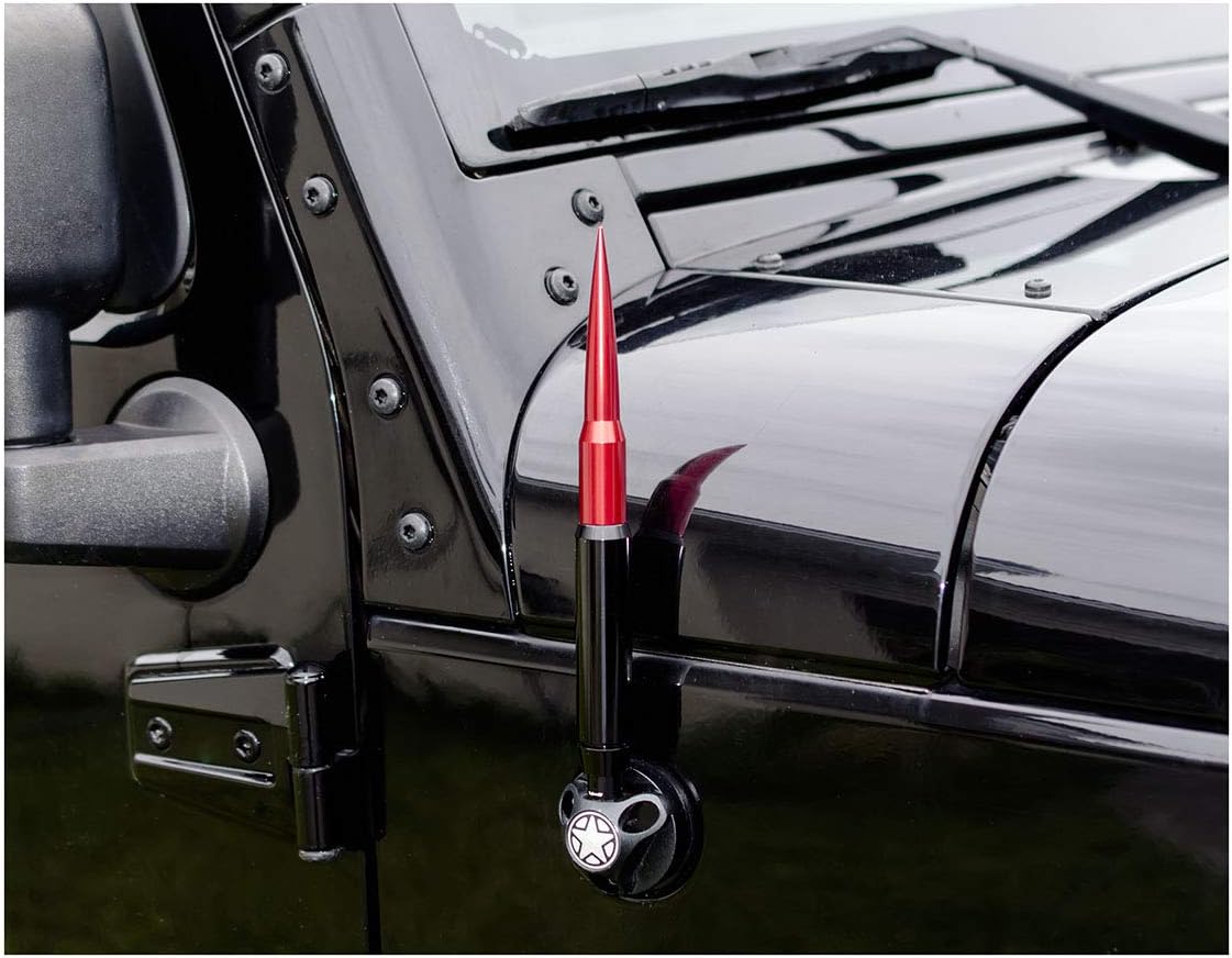 TRUE SPIKE 9 inch BLACK RED TIP PENETRATOR FAT BULLET ANTENNA with ANTI-THEFT + COPPER COIL in Heavy Gauge CNC Machined Billet Aluminum Short Compatible with Jeep Gladiator JT