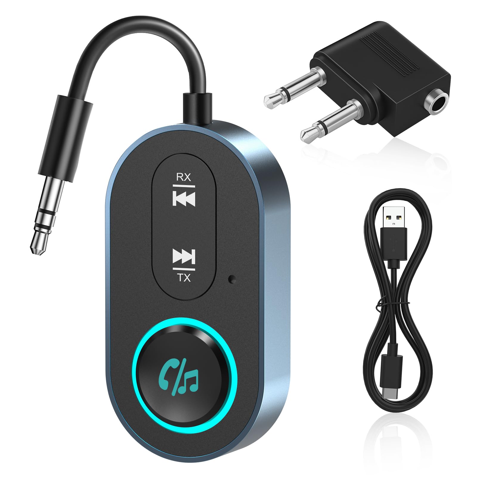 Bluetooth 5.3 Adapter Transmitter, 2 in 1 Bluetooth Adapter Flugzeug B-luetooth Splitter für TV Audio auf 2 Kopfhörer, 3,5mm AUX Klinke Transmitter Sender für TV, Handy, Autoaudiosysteme, Tablets