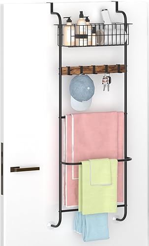 Toallero sobre la puerta con cesta superior para baño, granja, sala de estar, marrón