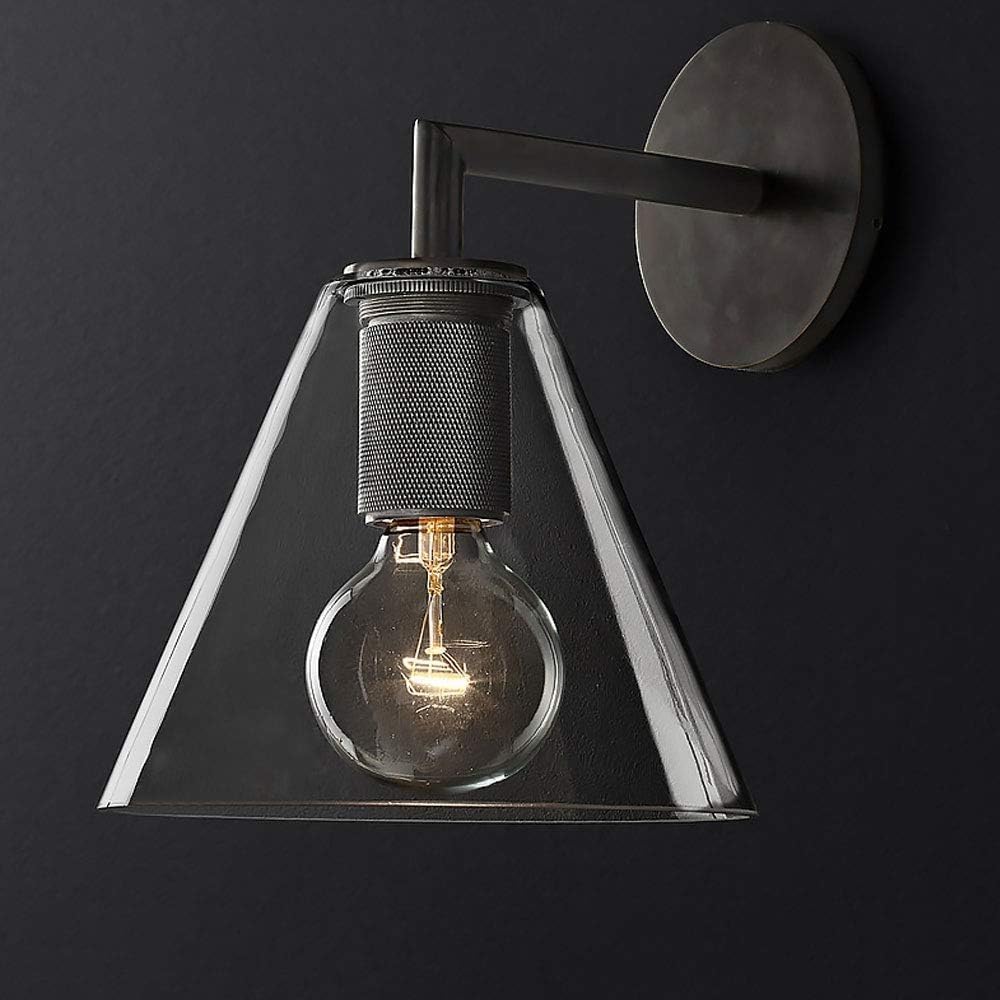 Modern Home Decoration Indoor Rural Black Industrial Wall Sconces with Clear Glass Cone Antique Gold Bedroom Wall Lamp Vintage Bedside Wall Light for Bathroom Living Room Headrest