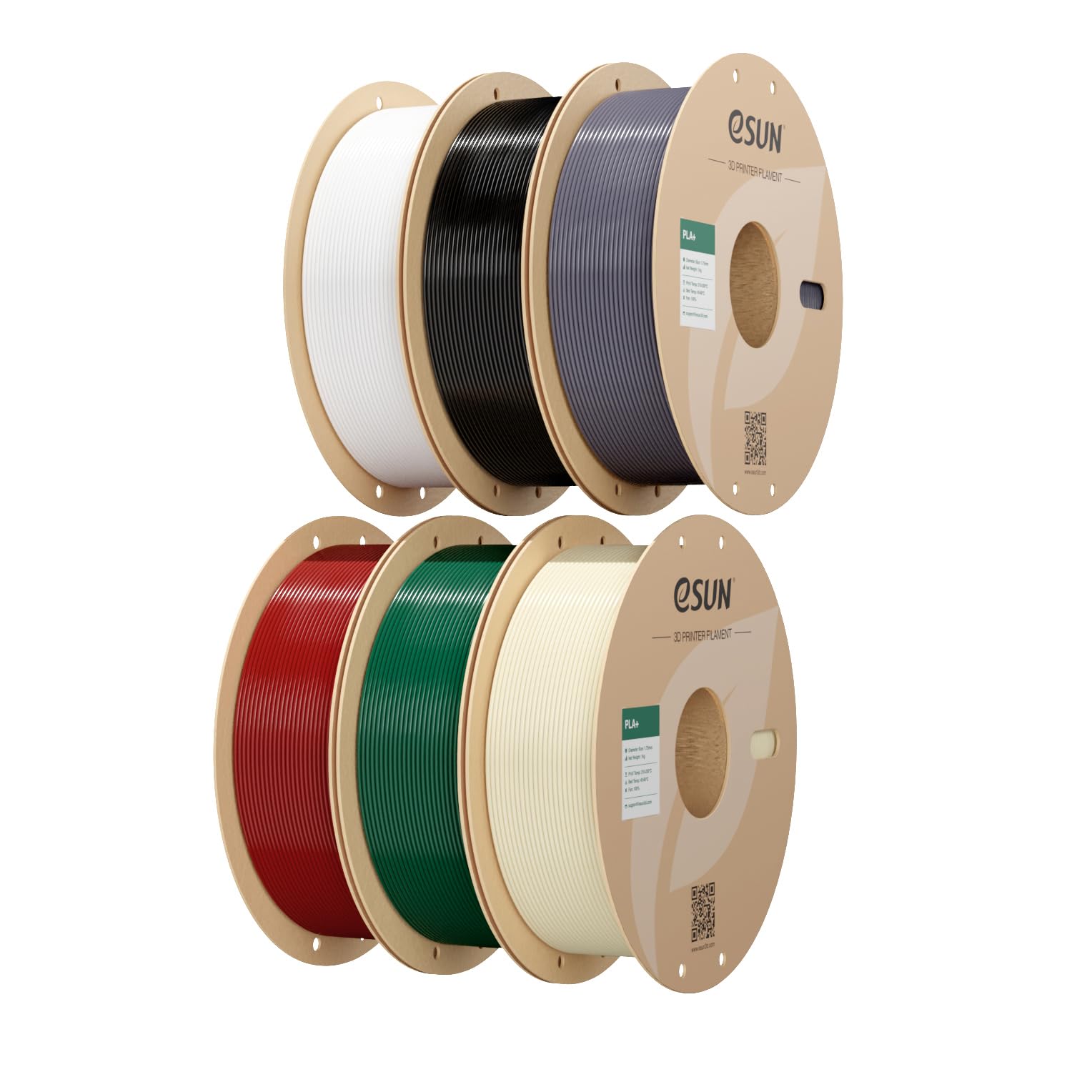 eSUN PLA+ Filament 3D Printer Filament 6KG Bundle 6 Colors | PLA Plus 1.75mm, 6 x 1KG Spools, High Toughness, +/- 0.03mm Accuracy; Black, White, Grey, Bone White, Pine Green, Red