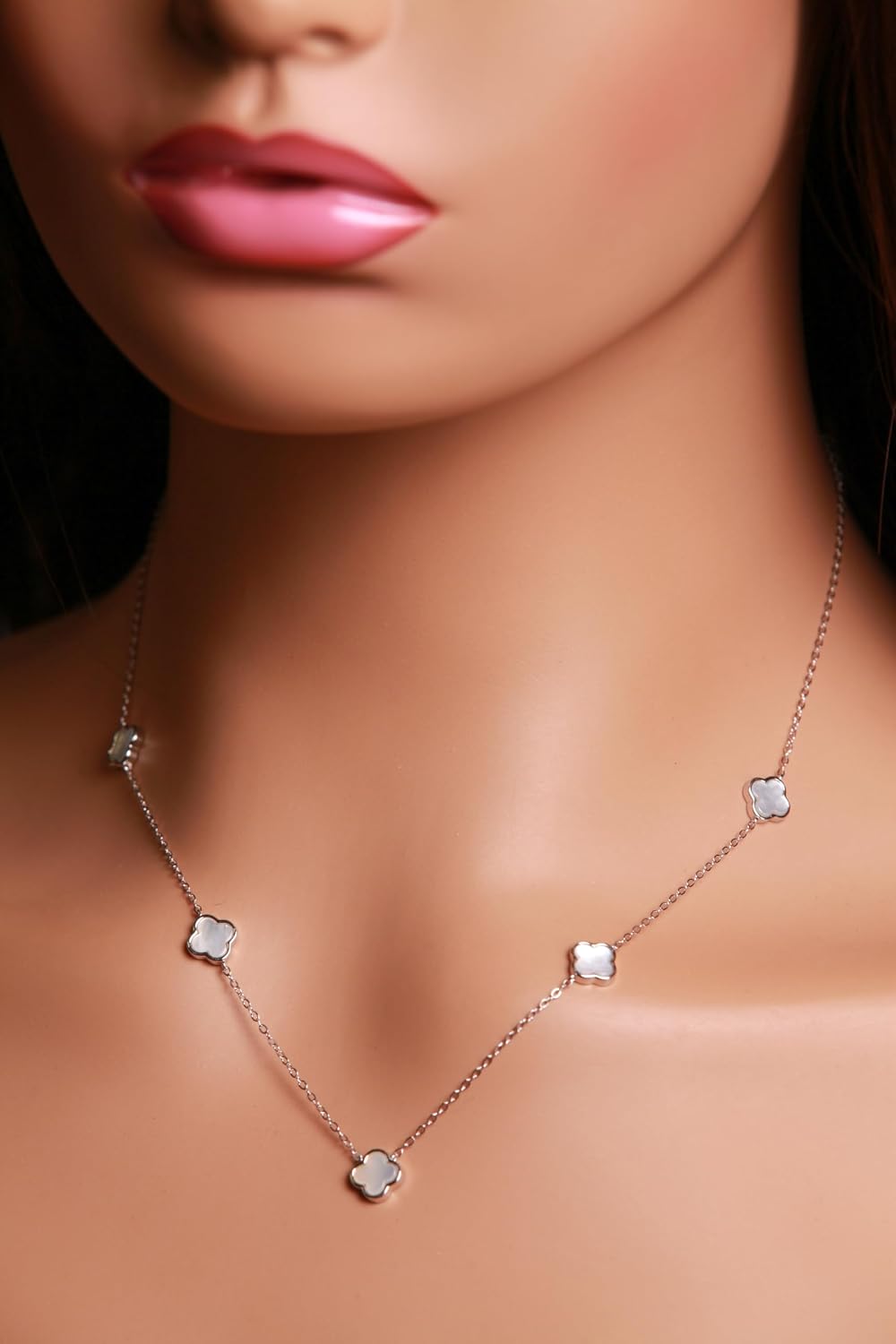 925 Sterling Silver White Mother of Pearl Clover Charm 8.5mm long necklace, lucky charm 5pcs Clover Adjustable 16”,17",18" MOP necklace